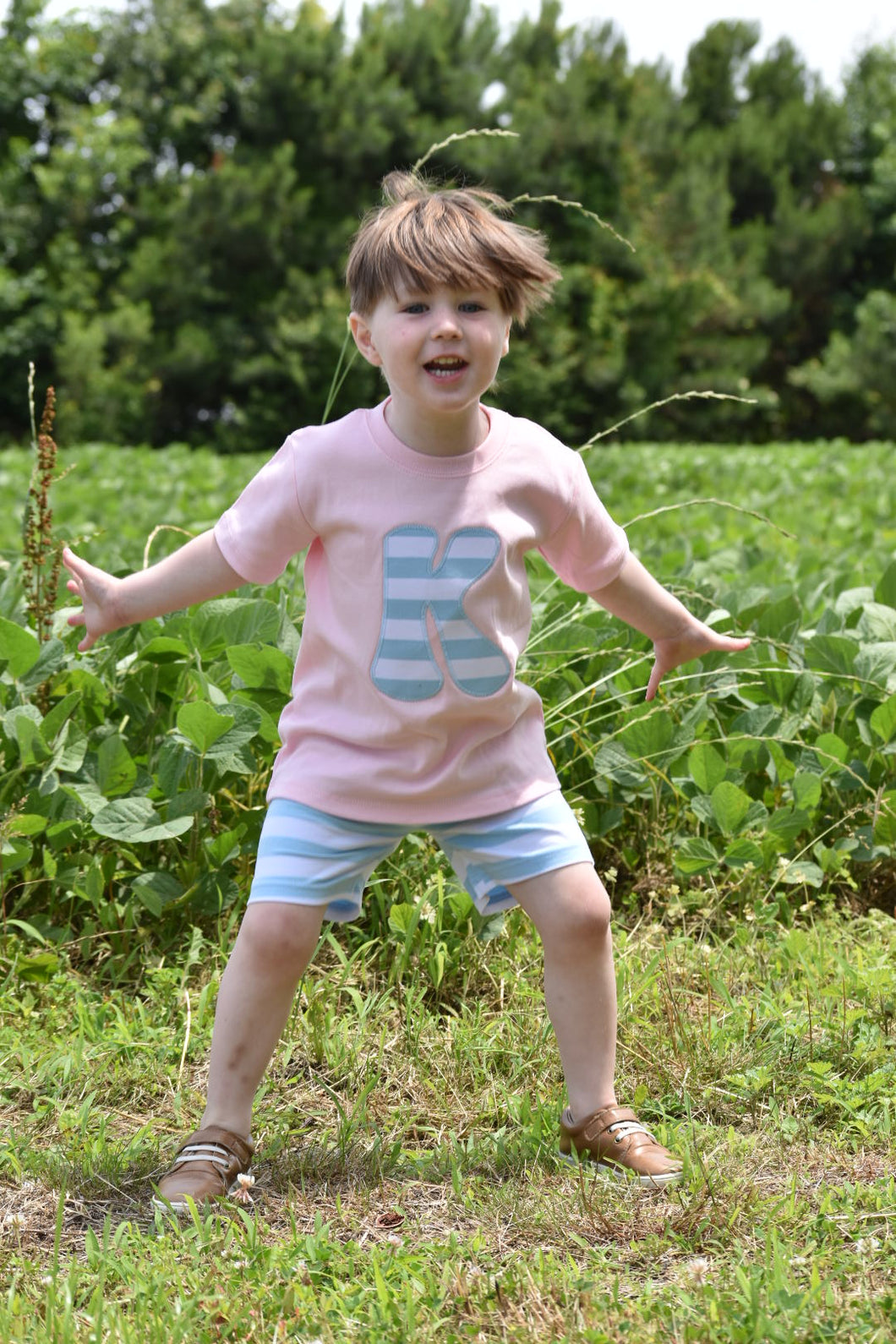 Boys Striped Shorts and Coordinating Monogram Applique